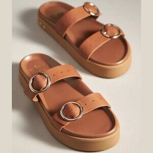 beek Warbler Tan Leather Gold Buckle Slide Sandal
